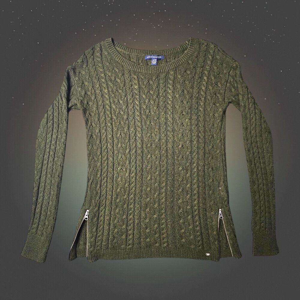American Eagle Womens XS Cable Knit Sweater Olive Green Zip Detail Cozy Casual